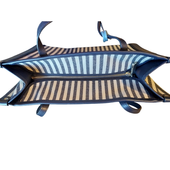 Kate Spade Market Stripe Navy Blue/ Beige Canvas Shoulder Tote Handbag Purse - Picture 5 of 9